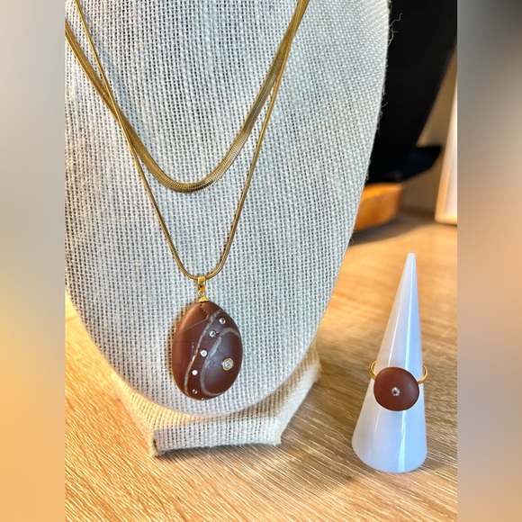 Handmade Red Jasper with CZ Diamonds Necklace Ring Set - Picture 3 of 10